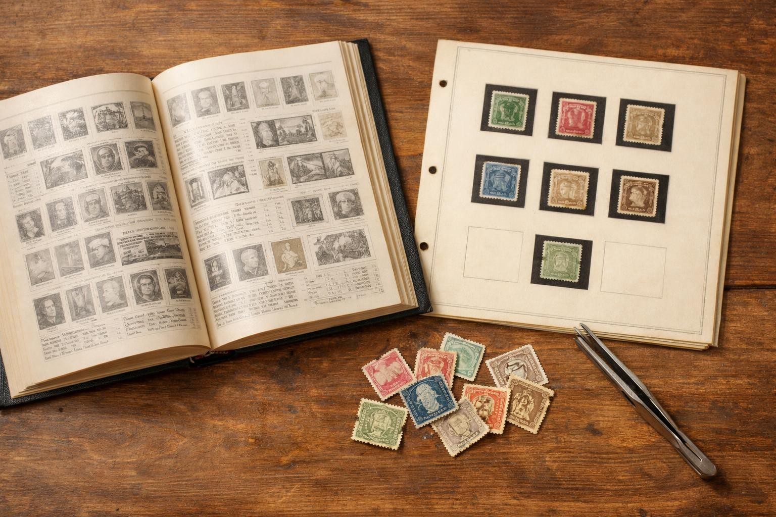 stamp catalog open beside an album page and loose vintage stamps