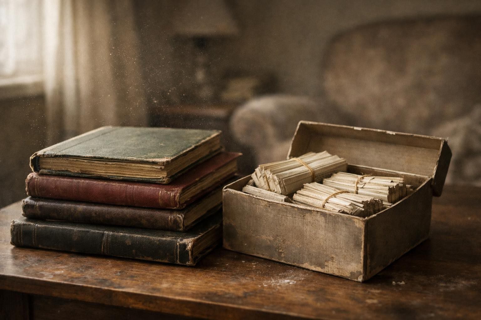 stacked vintage stamp albums and a shoebox of old envelopes on a table