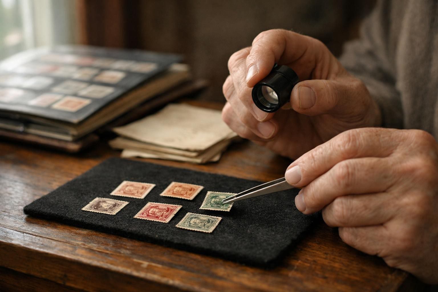 stamp dealer examining old stamps with tweezers and a loupe